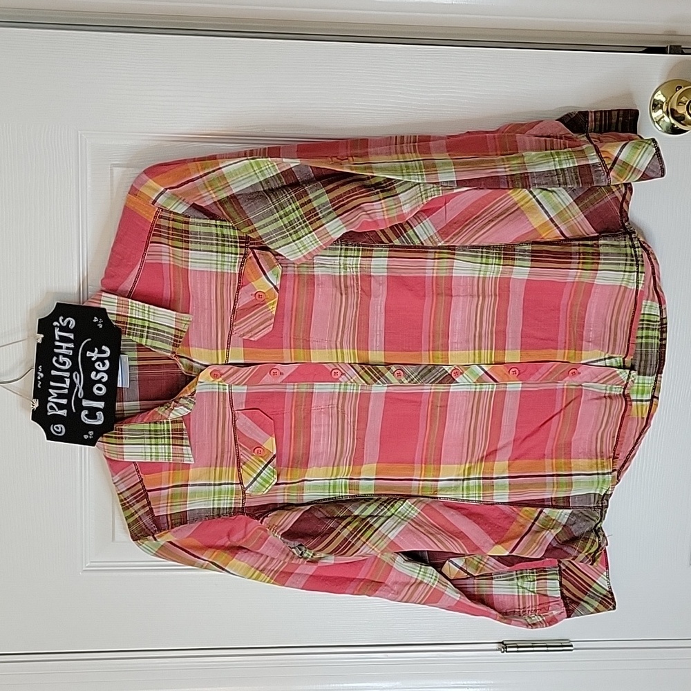 Columbia XL Plaid Button Up Shirt Long Sleeve Pink Orange White Green Yellow